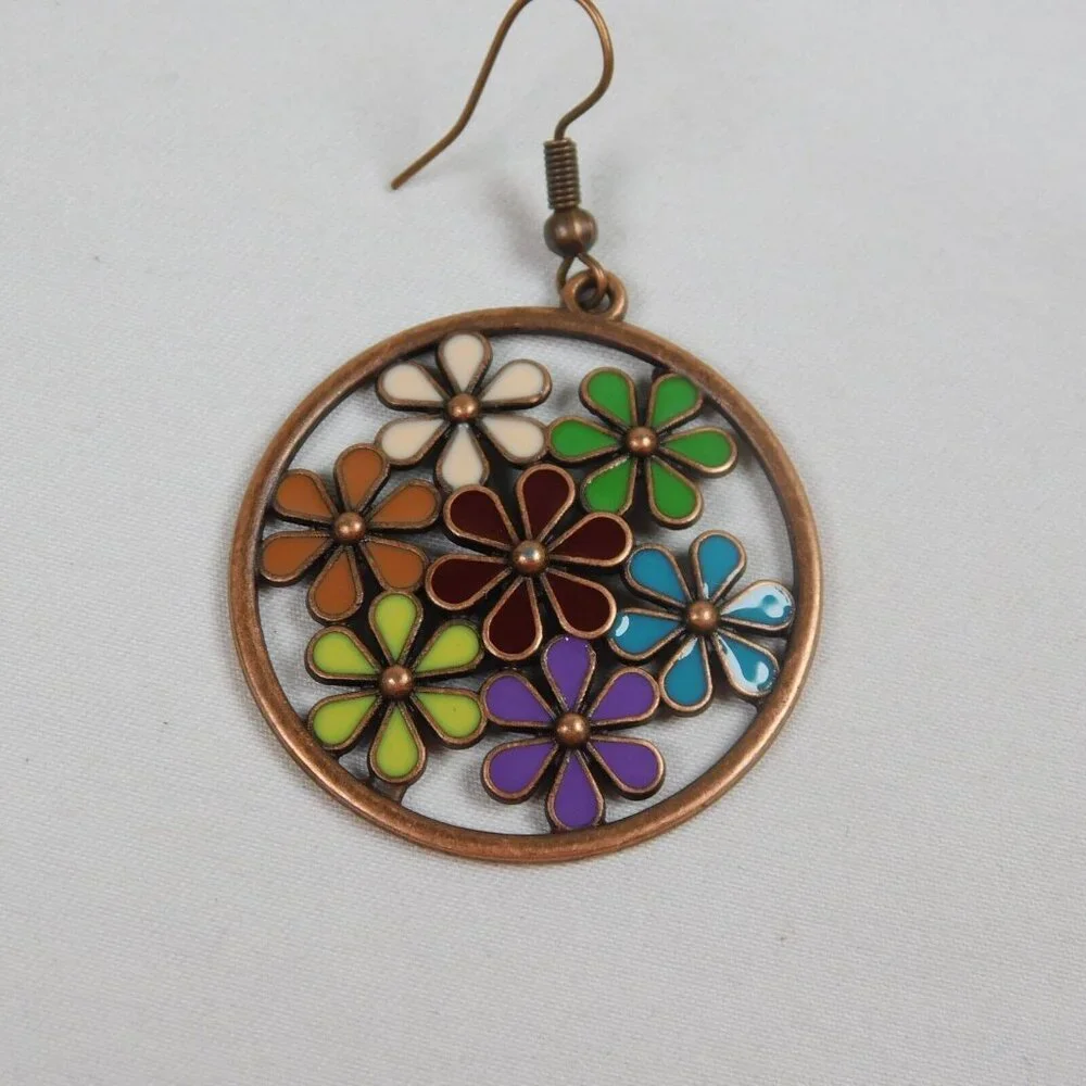 Flower Power Boho Bronze Tone Round Drop Earrings Multicolor Cutout 2.25" Dia - Picture 5 of 7